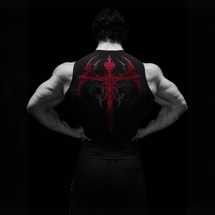 Men's form-fitting training tank top with deep armholes and intricate back print Mune Fashion