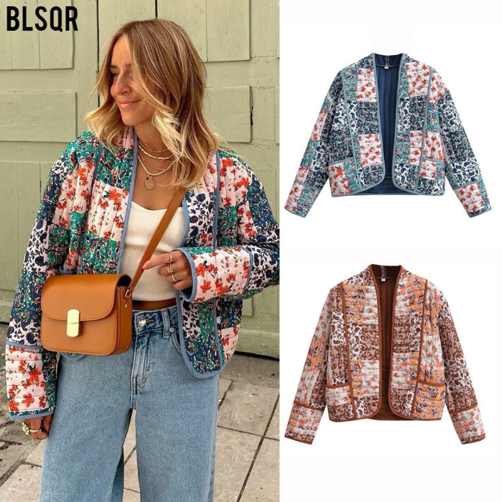 Women Quilted Patchwork Quilted Jacket with Floral Print, Open Kimono Silhouette and Patch Pockets Mune Fashion