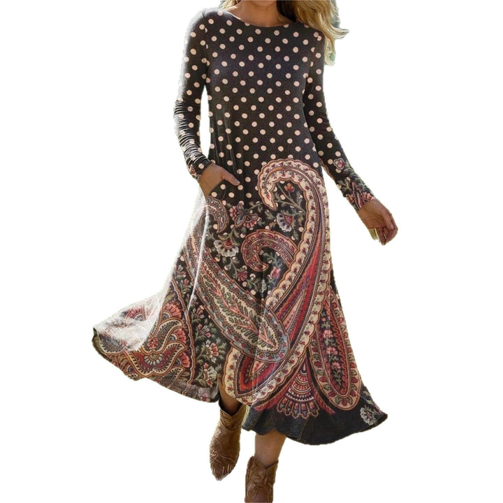 Ladies Elegant Maxi Dress with Dots and Paisley Pattern Mune Fashion