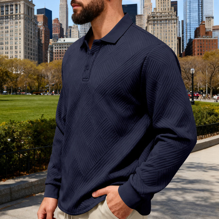 Men's textured long sleeve polo with embossed waffle texture and half-button placket Mune Fashion