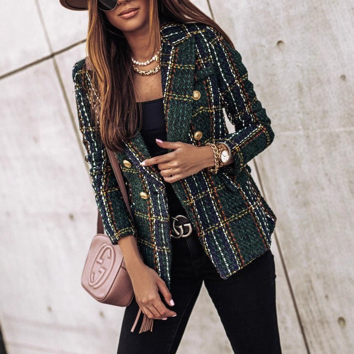 Women Boucle Tweed Blazer with Check Pattern and Double-Breasted Button Placket Drune
