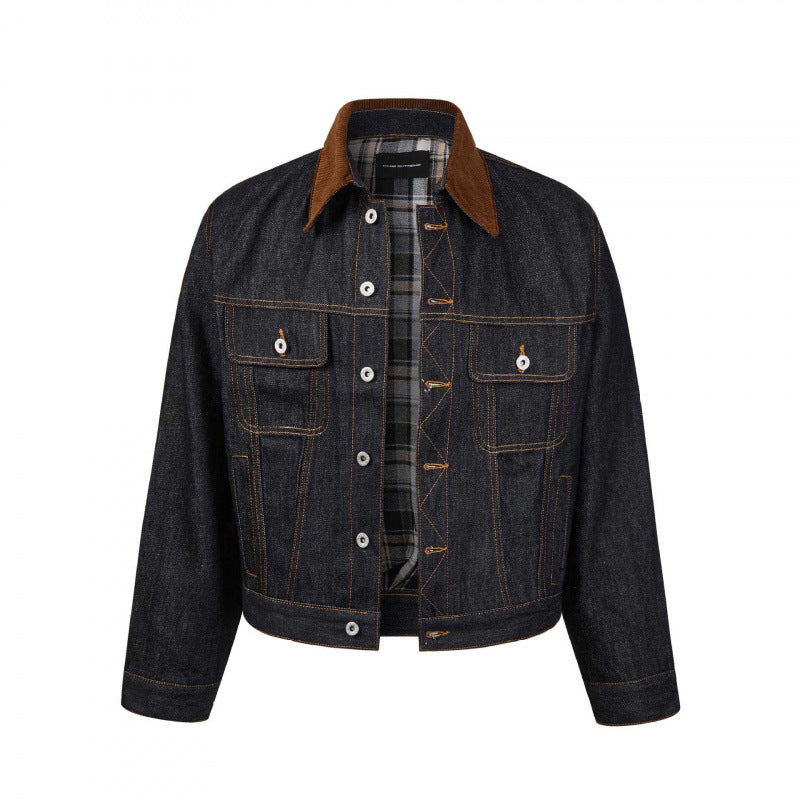 Men's Boxy Denim Jacket with Corduroy Collar and Checked Lining Mune Fashion