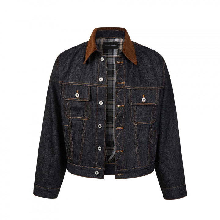 Men's Boxy Denim Jacket with Corduroy Collar and Checked Lining Mune Fashion