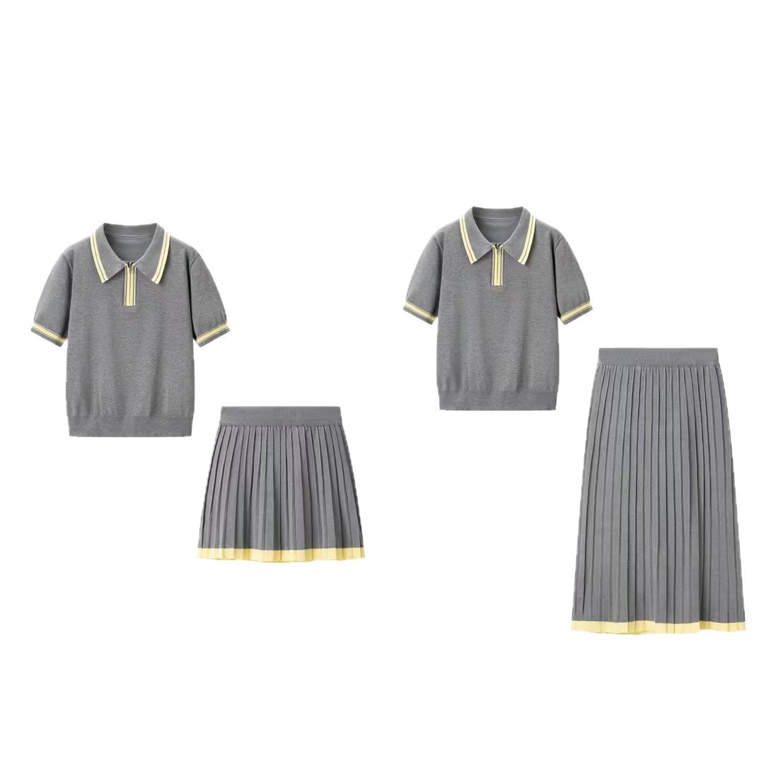 Women's two-piece knitted set with polo shirt and pleated midi skirt Mune Fashion