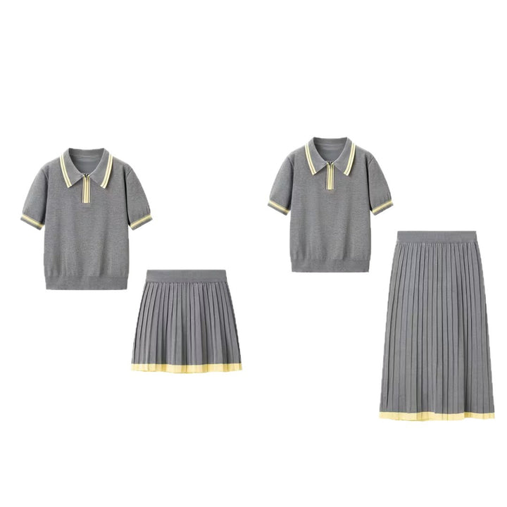 Women's two-piece knitted set with polo shirt and pleated midi skirt Mune Fashion