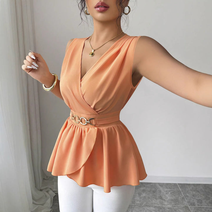 Women Tailored Wrap Top with Ruffle Peplum and Decorative Metal Belt Mune Fashion