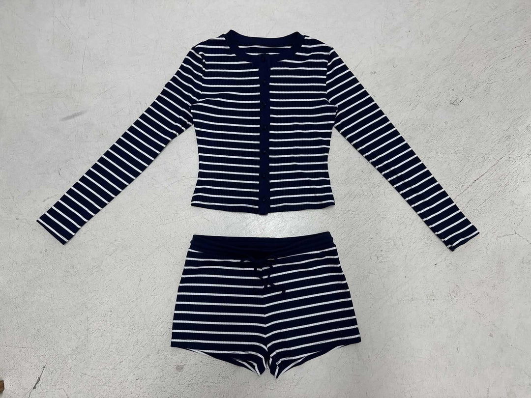 Women's striped rib lounge set with button-up long sleeve top and high-waisted shorts Mune Fashion