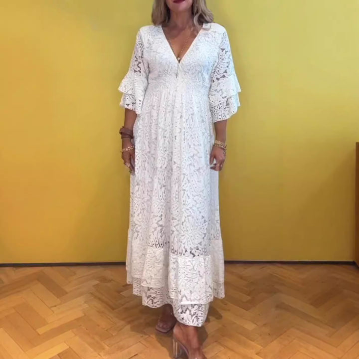 Women’s Boho Lace Maxi Dress with V-Neck, Underbust Seam, and Tiered Ruffle Sleeves Mune Fashion