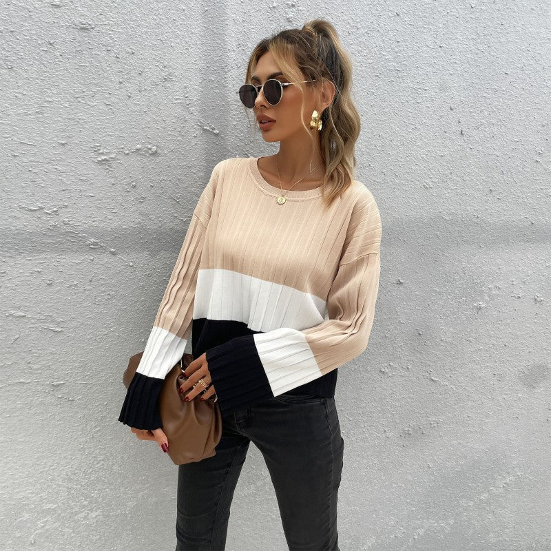 Women Ribbed Colorblock Sweater with Wide Cuff Sleeve Mune Fashion