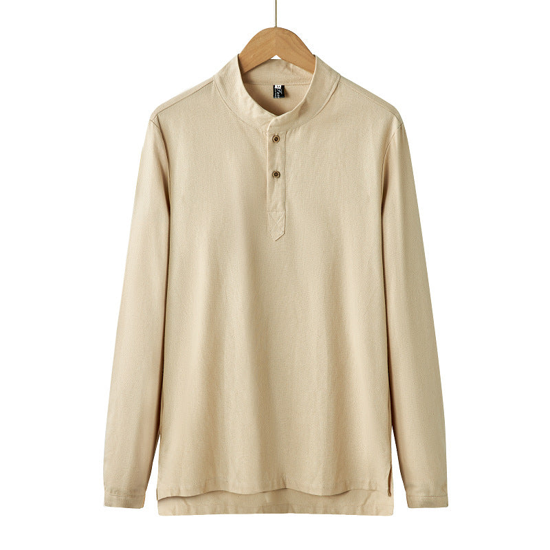 Men's long-sleeved Henley shirt with stand-up collar and concealed button placket made of cotton blend Mune Fashion