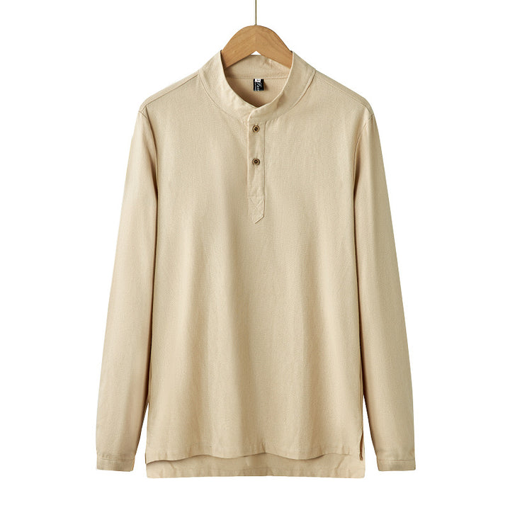 Men's long-sleeved Henley shirt with stand-up collar and concealed button placket made of cotton blend Mune Fashion