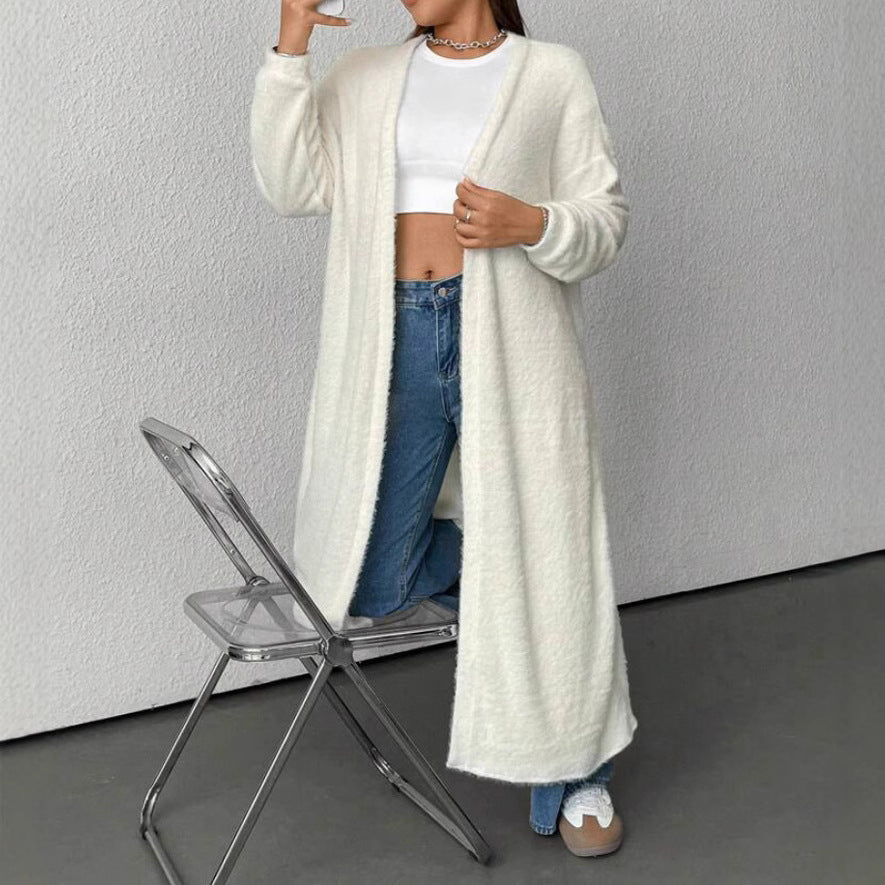 Women's Long Wrap Cardigan in Fuzzy Look with Tie Belt Mune Fashion