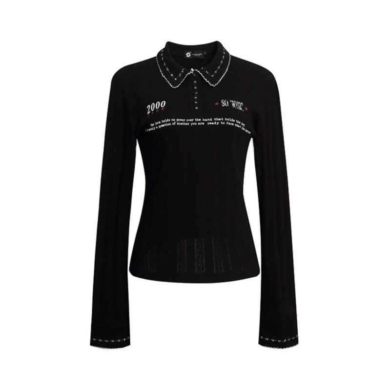 Ladies fine ribbed polo shirt with pointed collar, button placket and decorative embroidery Mune Fashion