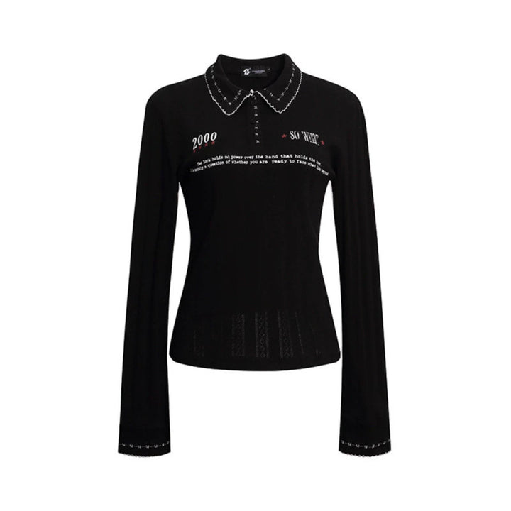 Ladies fine ribbed polo shirt with pointed collar, button placket and decorative embroidery Mune Fashion