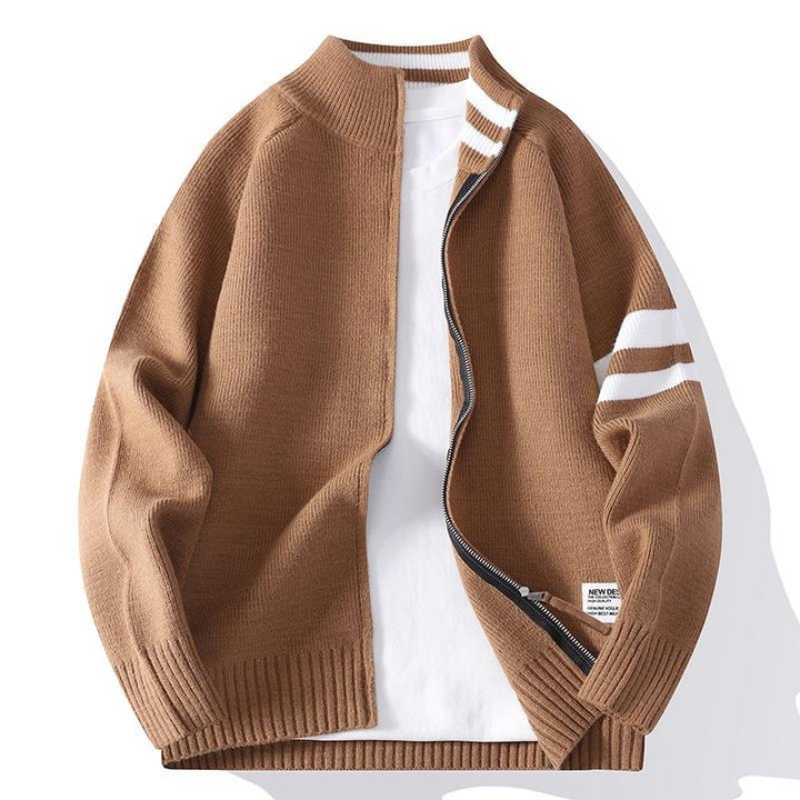 Men's knitted zip cardigan in college style with striped sleeve band and ribbed stand-up collar Mune Fashion