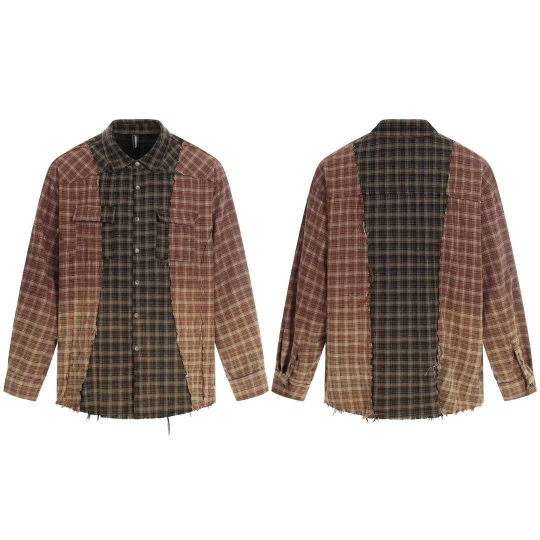 Men's Patchwork Flannel Overshirt with Frayed Edges Mune Fashion
