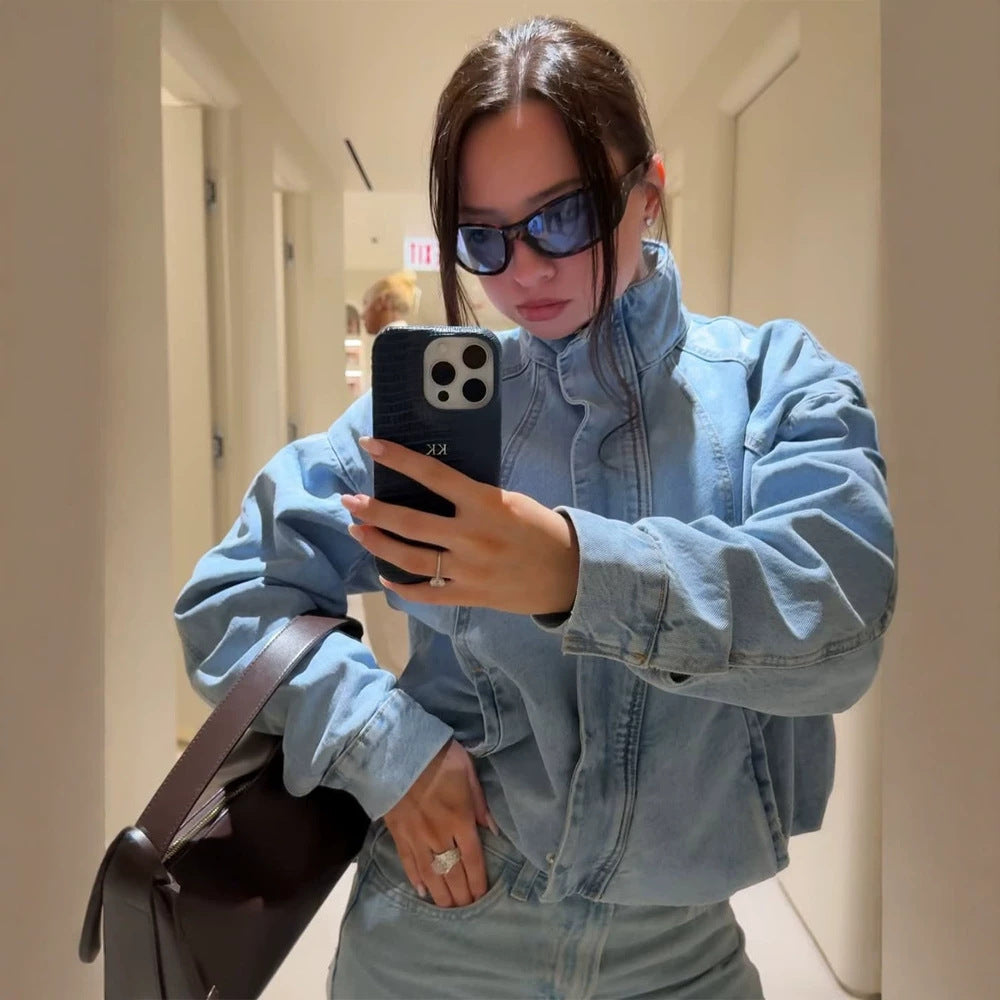 Women's Cropped Denim Jacket in Bomber Style with High Standing Collar and Oversized Sleeves Mune Fashion