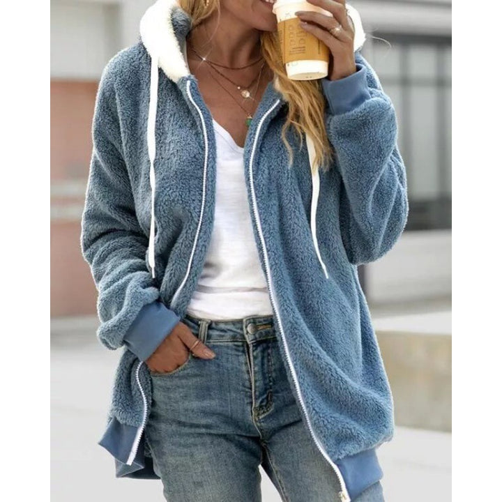 Women's Oversized Sherpa Zip Jacket with Contrast Collar, Ribbed Cuffs, and Drawstring Mune Fashion