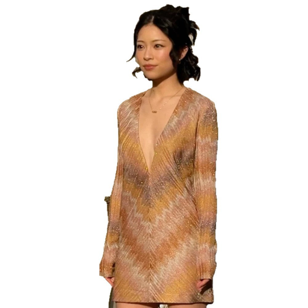 Women Sparkling Knit Mini Dress with Deep V-Neck Mune Fashion