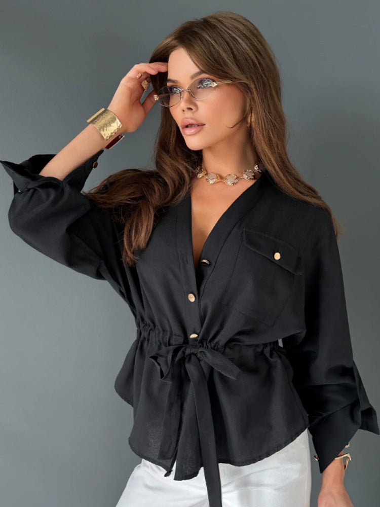 Women Tailored Shirt Blouse with Drawstring, V-Neck and Gold Buttons Mune Fashion