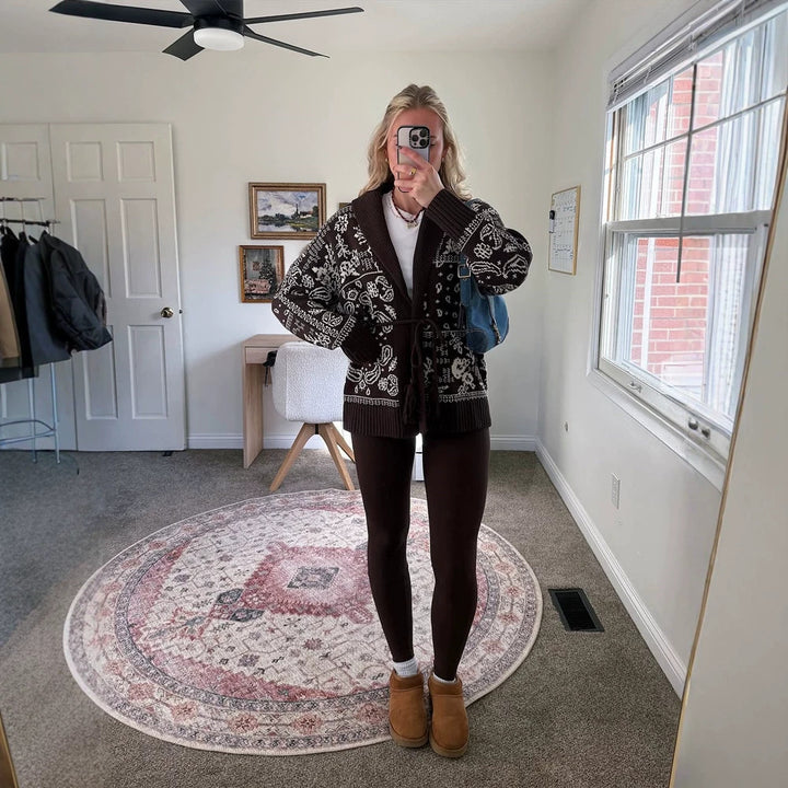 Women's knitted cardigan with shawl collar, Fair Isle pattern and tie belt Mune Fashion