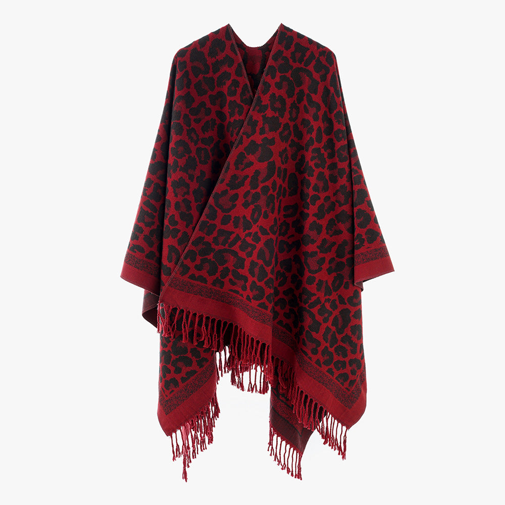 Women's Elegant Jacquard Poncho with Leopard Jacquard and Fringes Mune Fashion