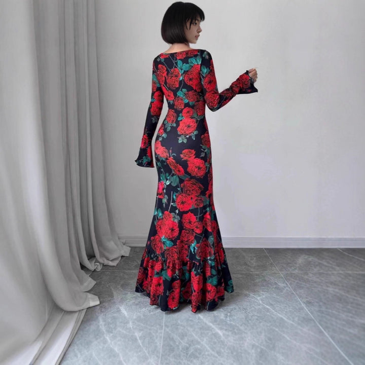 Women's fitted maxi dress with mermaid cut, long bell sleeves, and ruffled hem Mune Fashion