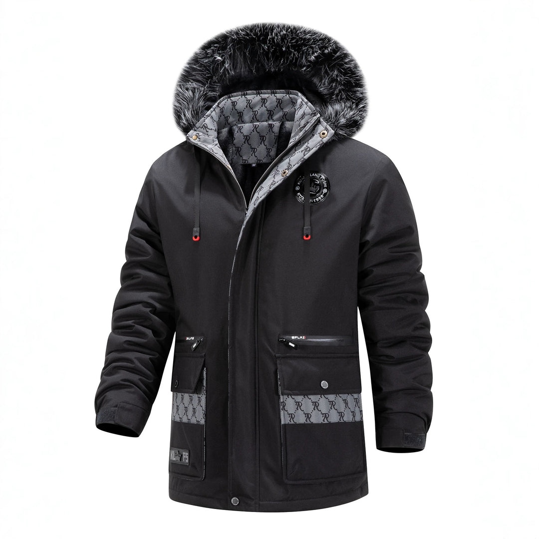 Men's Long Thermal Parka with Hood, Logo Lining and Multifunctional Pockets Mune Fashion