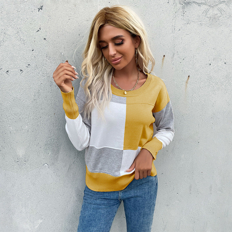 Women's patchwork knit sweater with contrasting panels, round neckline and ribbed hems Mune Fashion