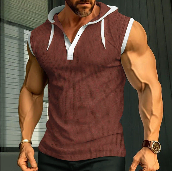 Men's Sleeveless Hooded Henley Muscle Shirt with Mesh Structure and Body-Hugging Fit Mune Fashion