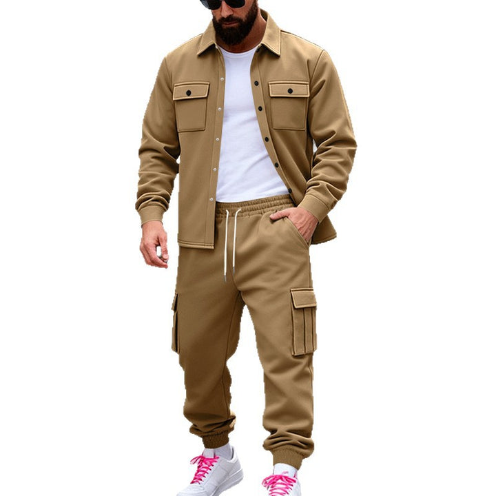 Men's casual cotton blend overshirt and cargo jogger set with drawstring, patch pockets, and elastic cuffs Mune Fashion