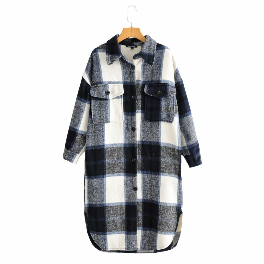 Women's Oversized Checkered Longline Shirt with Chest Pockets Mune Fashion