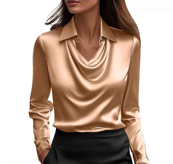 Women's satin blouse with waterfall collar and shirt collar Mune Fashion