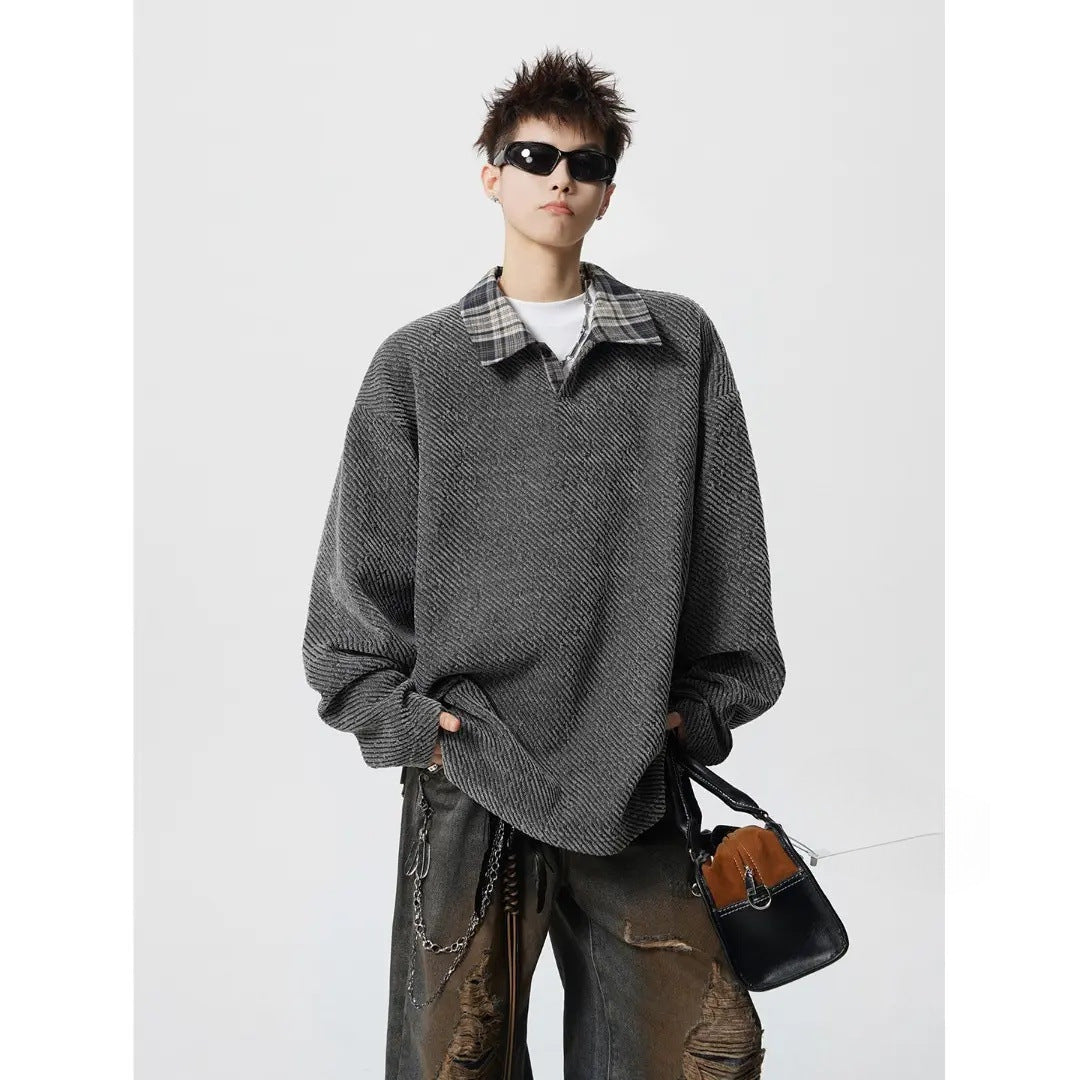 Men's Oversize Structured Sweatshirt with Polo Collar and Diagonal Knit Structure Mune Fashion