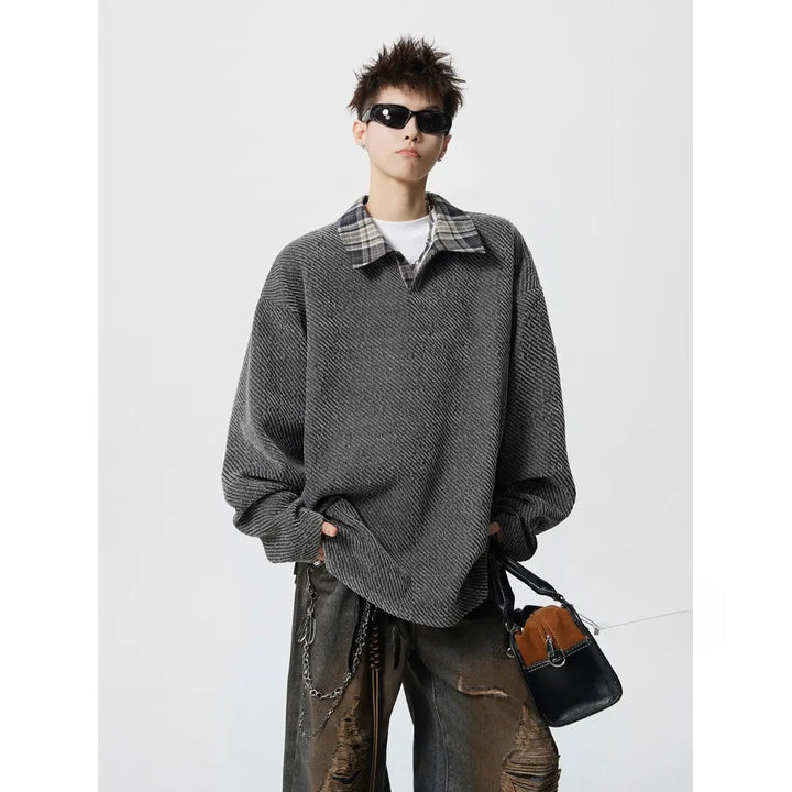 Men's Oversize Structured Sweatshirt with Polo Collar and Diagonal Knit Structure Mune Fashion