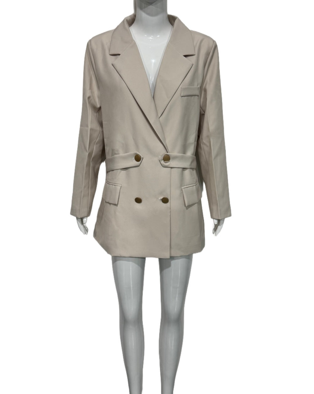 Women Oversize Double-Breasted Blazer Coat with Waist Belt and Gold Decorative Buttons Mune Fashion
