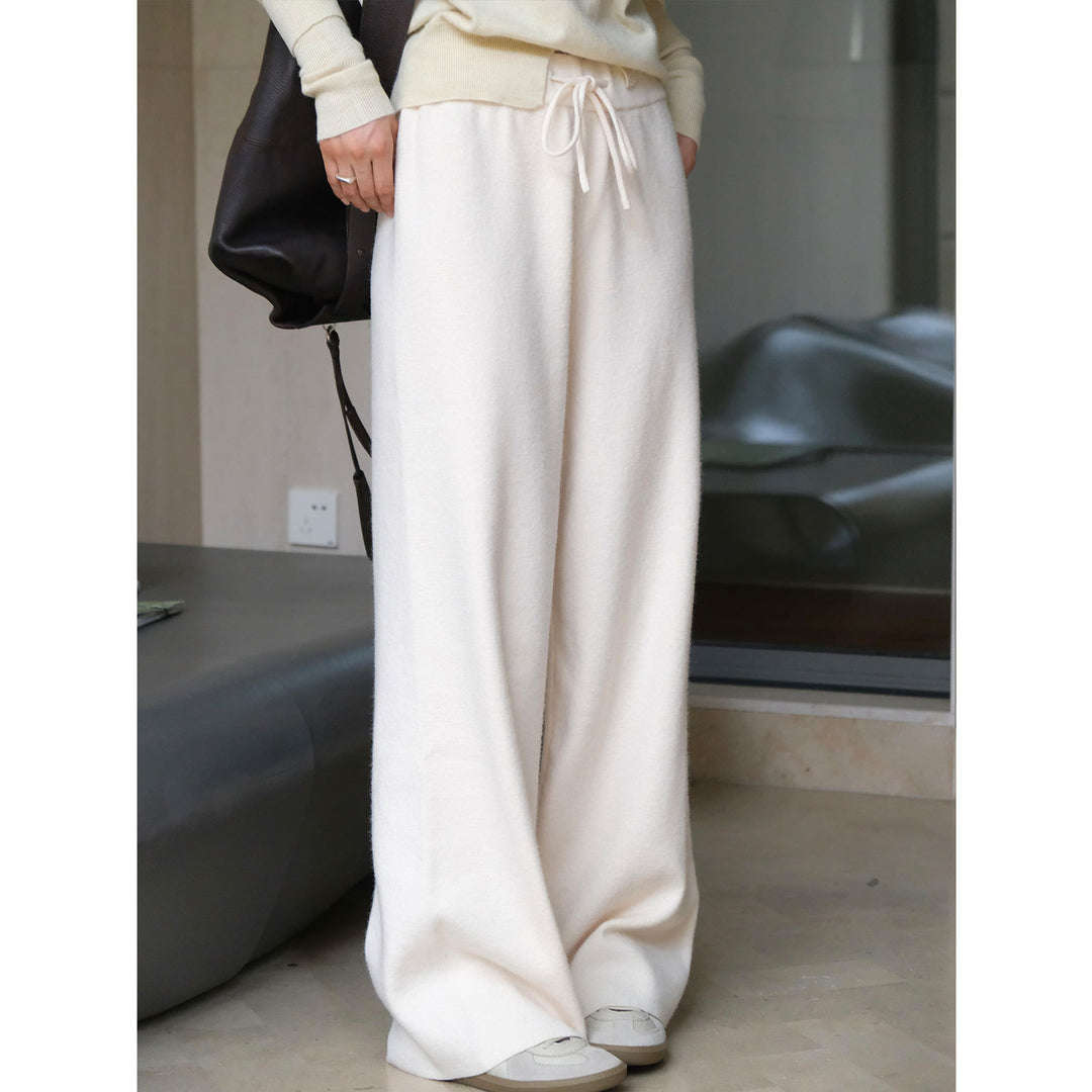 Women Wide Knit Palazzo Pants with High Waist and Drawstring Mune Fashion