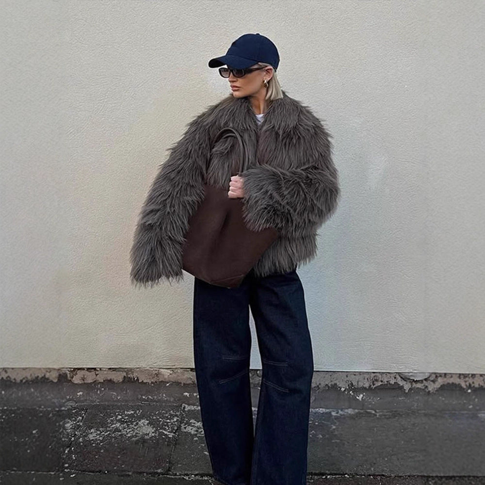 Women's Oversized Short Jacket made of Synthetic Fur in Shaggy Look with Voluminous Shawl Collar Mune Fashion