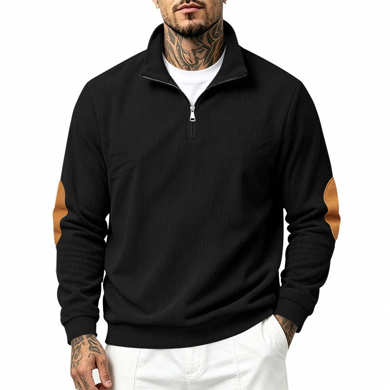 Men's half-zip sweatshirt with stand-up collar, fine waffle texture and leather-look elbow patches Mune Fashion
