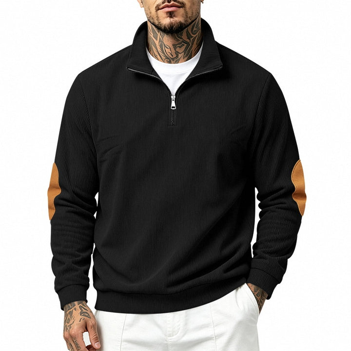 Men's half-zip sweatshirt with stand-up collar, fine waffle texture and leather-look elbow patches Mune Fashion