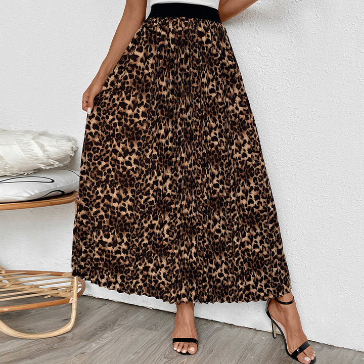 Women's Pleated Maxi Skirt with Leopard Print and Elastic Waistband Mune Fashion