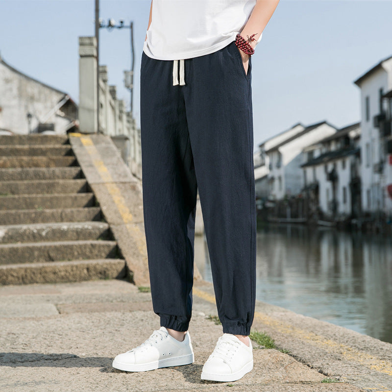 Men's Nan Tapered Linen-Cotton Joggers with Drawstring, Elastic Ankle Cuffs and Slim Silhouette Mune Fashion
