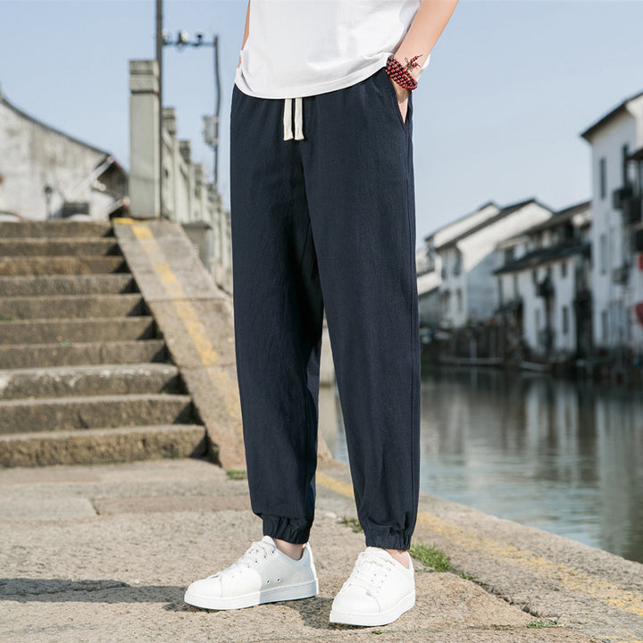 Men's Nan Tapered Linen-Cotton Joggers with Drawstring, Elastic Ankle Cuffs and Slim Silhouette Mune Fashion