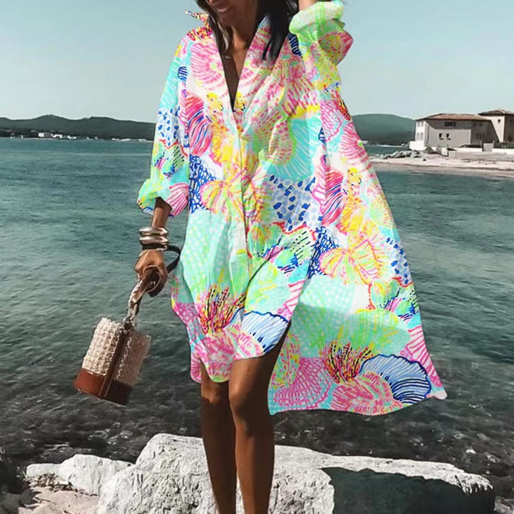 Women's airy beach dress kaftan with tropical leaf print and wide cut Mune Fashion