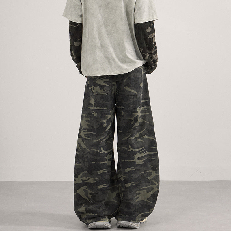 Men's Loose Camouflage Baggy Pants with Low Waistline and Knee Patch Pockets Mune Fashion