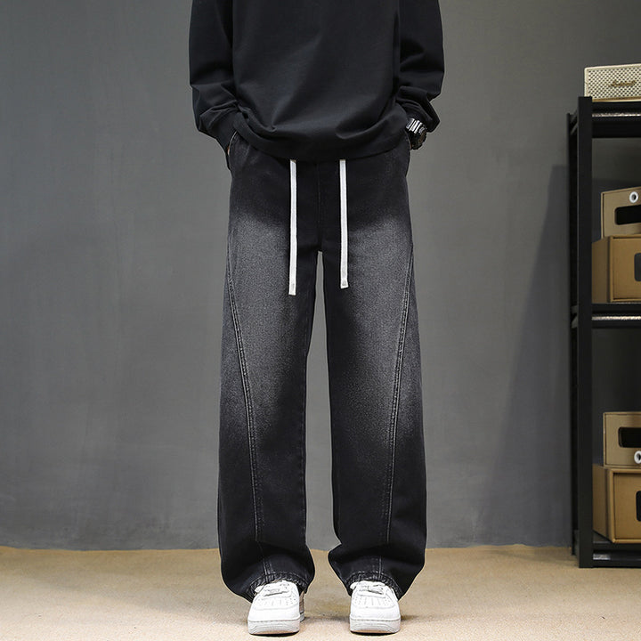 Men's Wide Denim Baggy Jeans with Drawstring Waist, Deep Crotch and Prominent Decorative Stitching Mune Fashion