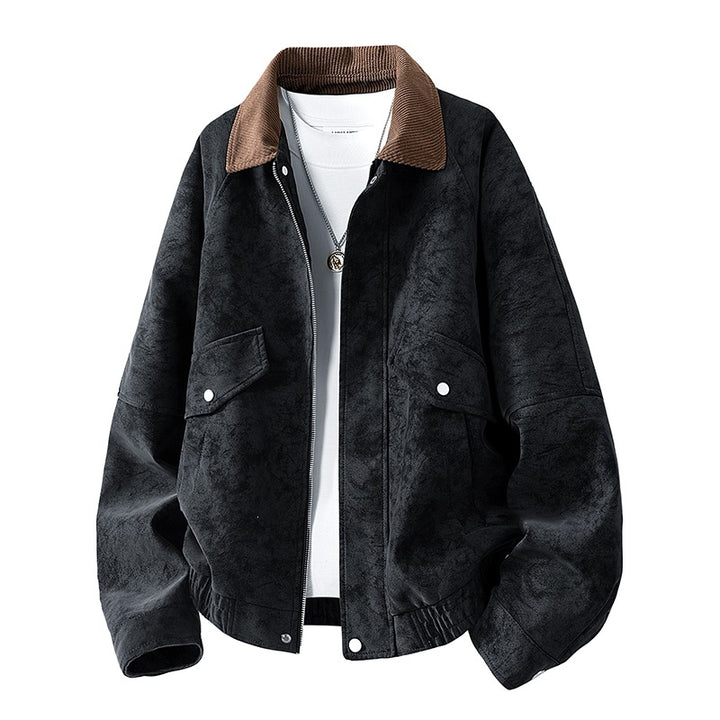 Men's Oversized Velour-Look Transitional Blouson with Shirt Collar, Zipper & Elastic Hem