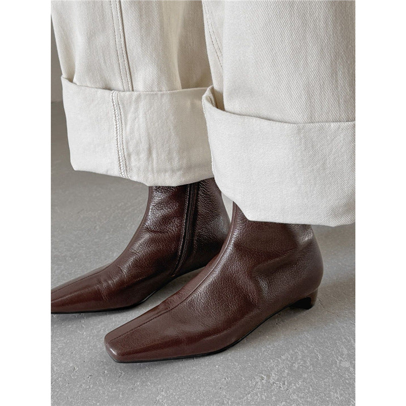 Women's Elegant Leather Ankle Boots with Square Toe Shape, Short Sculpted Heel, and Inside Zipper Mune Fashion