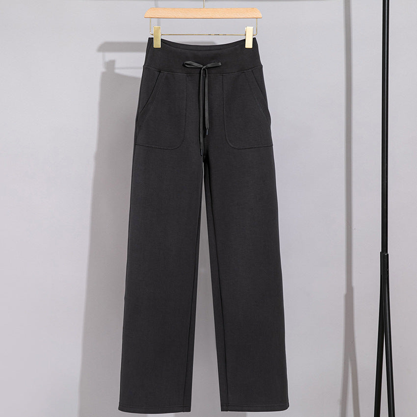 Women's Wide Cotton Terry Lounge Pants with High Waist and Drawstring Mune Fashion
