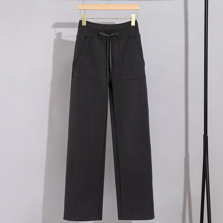 Women's Wide Cotton Terry Lounge Pants with High Waist and Drawstring Mune Fashion